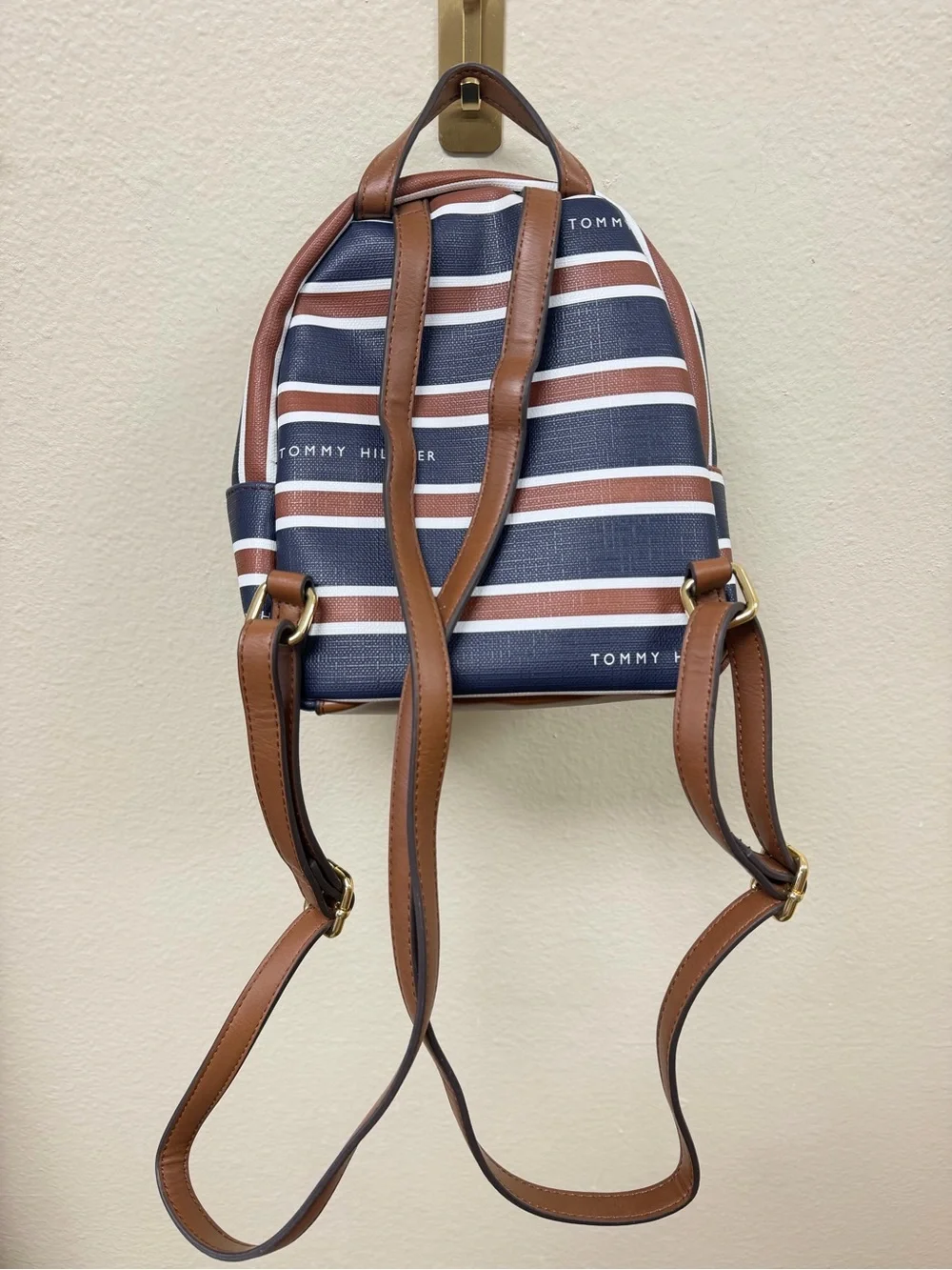 NWOT Tommy Hilfiger Navy, White & Brown Striped Mini Backpack